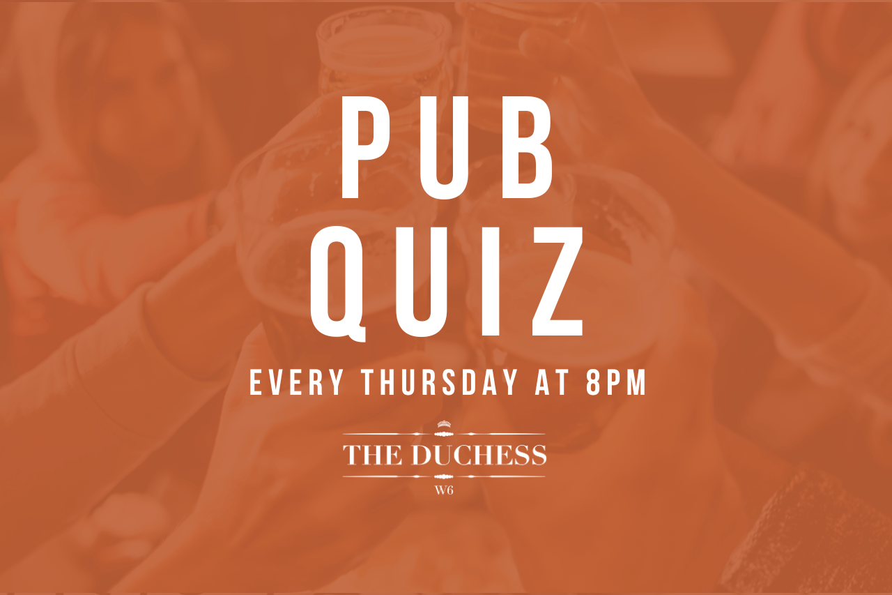 Graphic to promote Quiz night at The Duchess Hammersmith